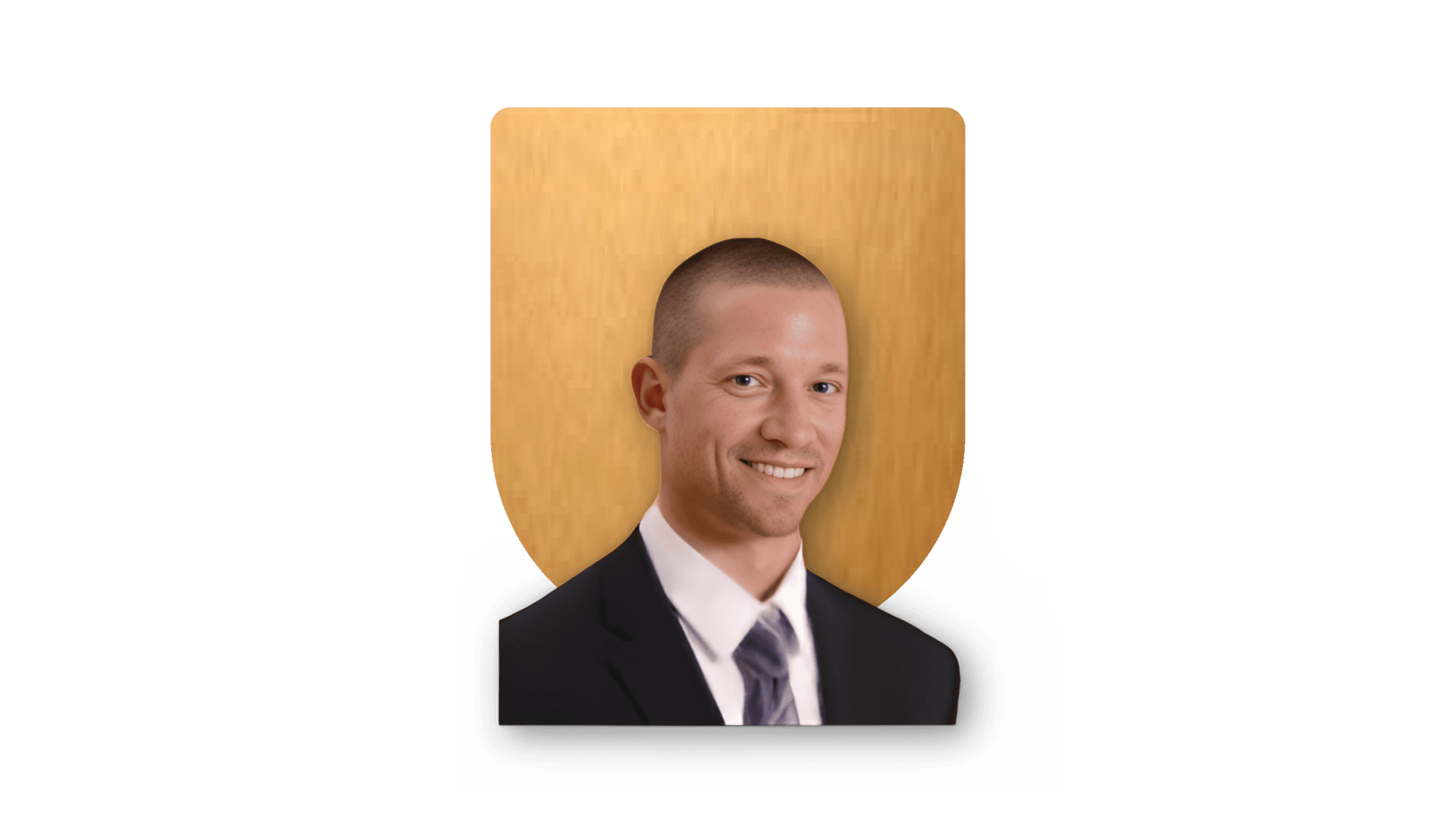 Portrait of a man in a suit and tie with a wooden shield background.